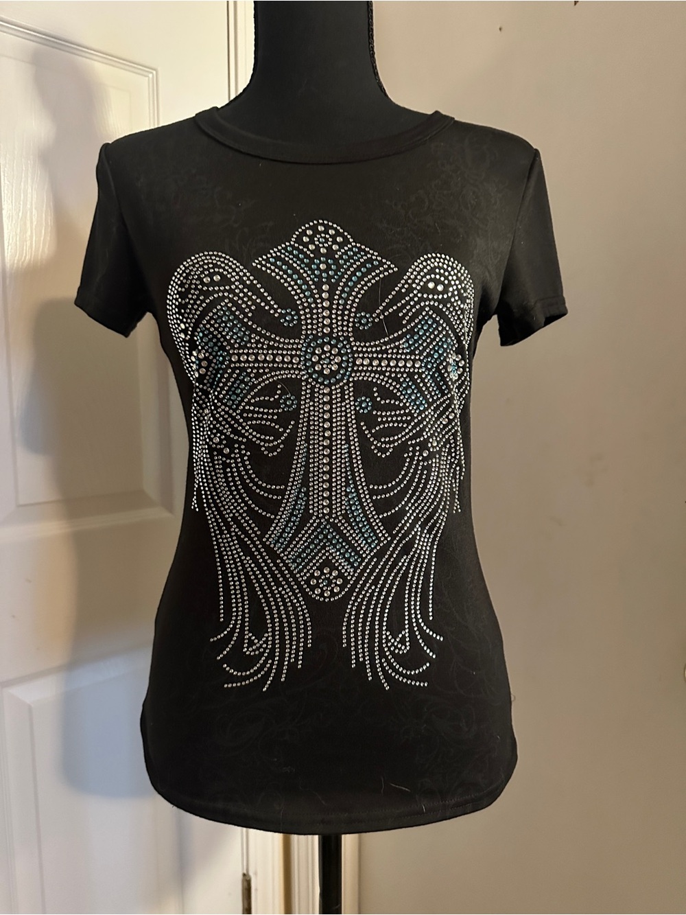 Women's Black Short-Sleeve Rhinestone Cross Tee
